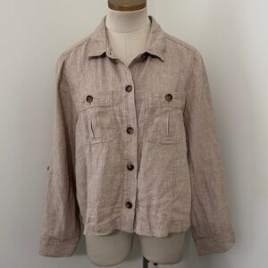 J Jill Love Linen Medium Petite Khaki Utility Blazer Jacket Lagenlook